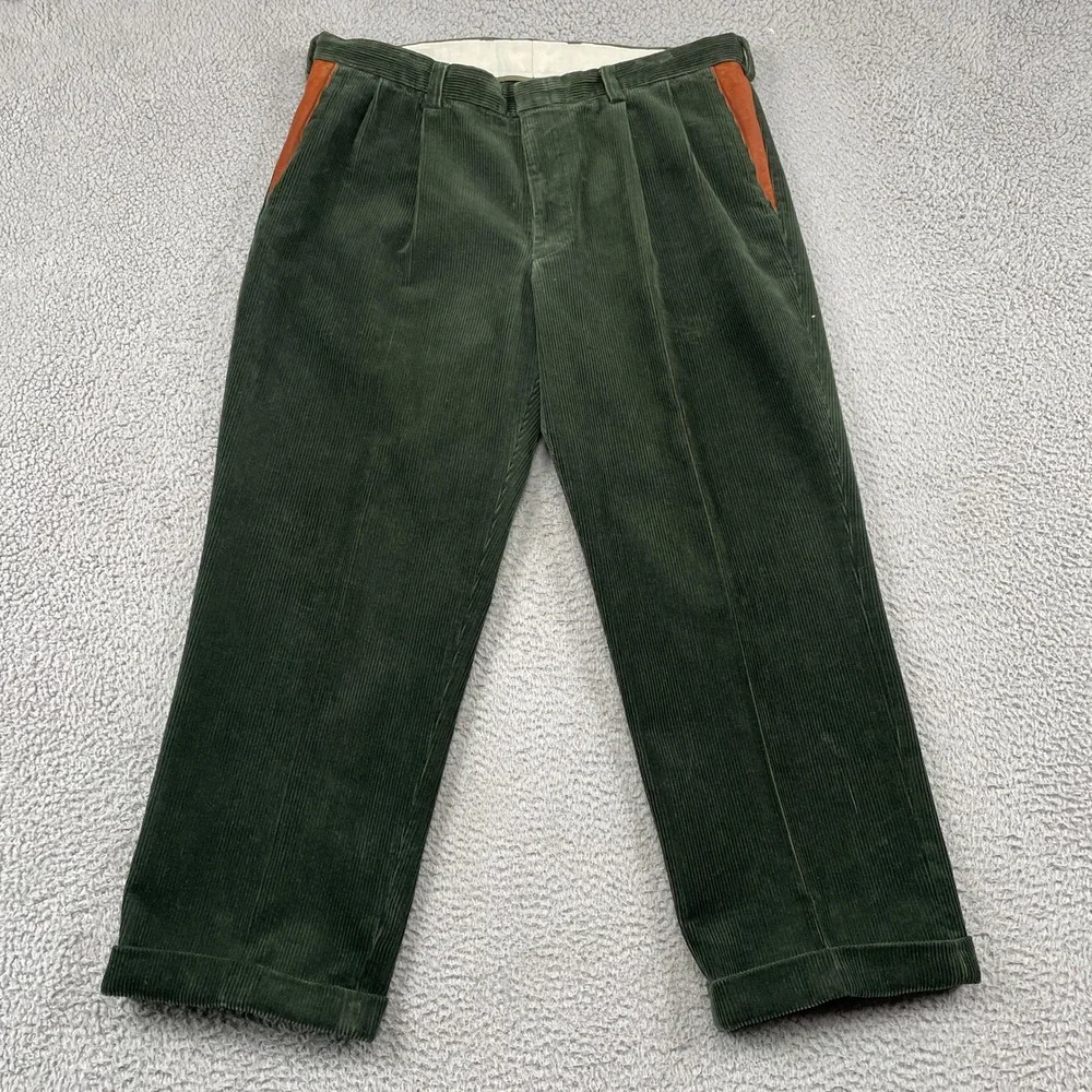 Orvis Corduroy Pants Mens 40 Green Pleated Front Leather Trim Cuffed Trousers